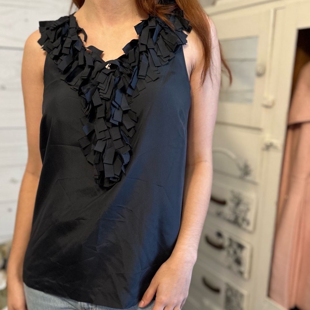 J. Crew Black Ruffle V-Neck Blouse